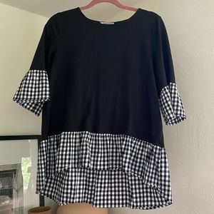 Pleione Peplum Top with Black Gingham Details